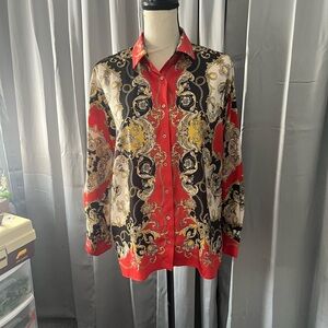 Zara Baroque Print Blouse in Red, Gold, and Black